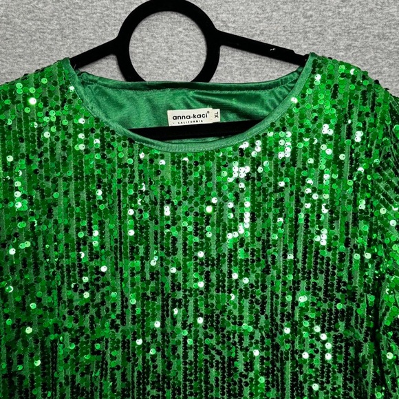 XL Green Sequin Sparkly Top Blouse Anna-Kaci Holiday Christmas Party Glam - Picture 9 of 9